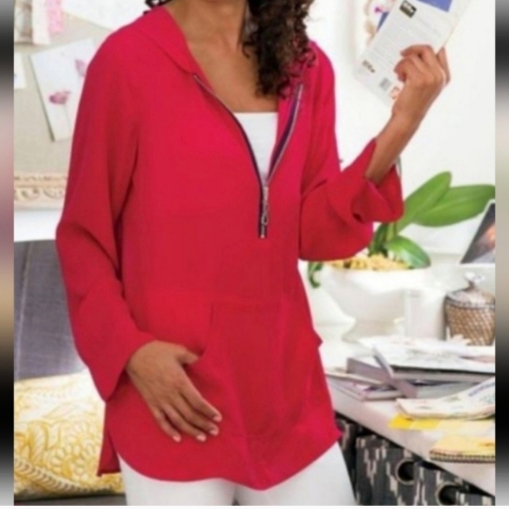 Soft Surroundings Red Hoodie Blouse with Pocket Style# 27506 Size Large